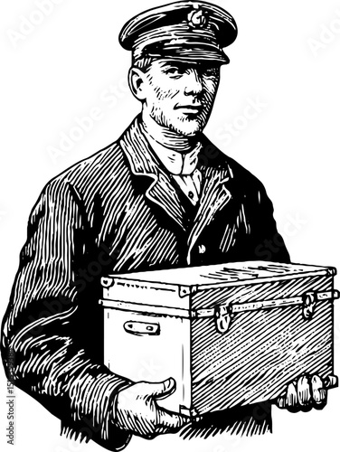 Vintage engraved illustration of a uniformed baggage porter holding a trunk for travel design projects