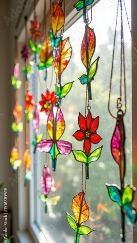 Colorful stained glass flowers hanging in sunlit window display