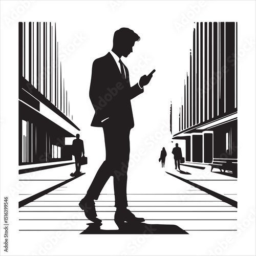 Man strolling on a city street, focused on his phone, relaxed body language, detailed vector silhouette , black colour vactor 