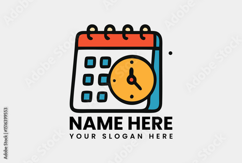 Colorful cartoon style calendar icon with integrated clock showing time management and scheduling. Time and planning concept