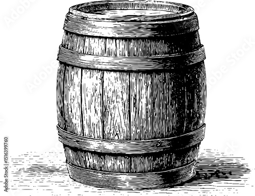 Vintage engraved barrel illustration with bold black lines for design projects