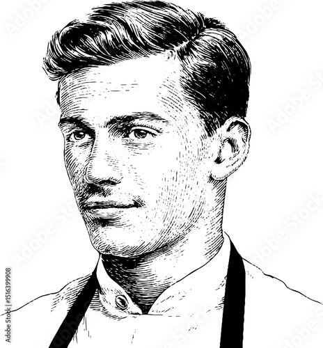 Intricate barista portrait with engraved black line style for coffee culture art