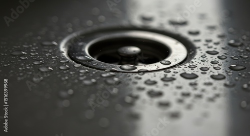 Close-up of water droplets on a black sink drain   photo
