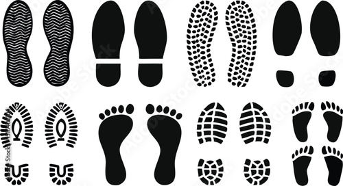 different human footprints icon set. boot sole, bare feet, Baby footprint, Vector Illustration