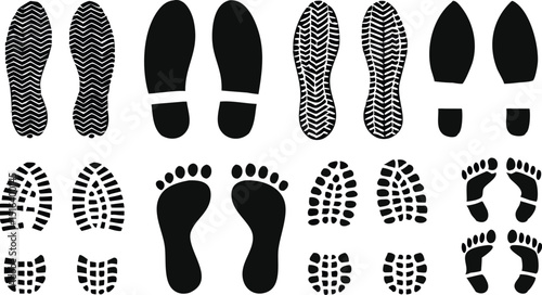 different human footprints icon set. boot sole, bare feet, Baby footprint, Vector Illustration