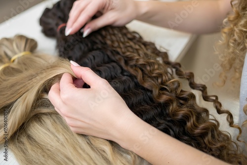 Hands touching hair of different textures and colors