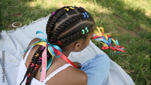 Afro Braids with Colorful Ribbons Viewed from Above