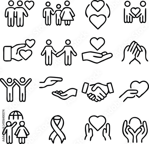 generous and sympathize icon set in thin line style, care, Friendship and love, Mutual understanding and handshake, responsibility, vector illustration