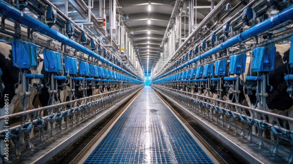 Fototapeta premium Long row of dairy cows being milked by automated machines inside modern milking parlor, clean industrial setting, bright lighting, focus on symmetry and efficiency