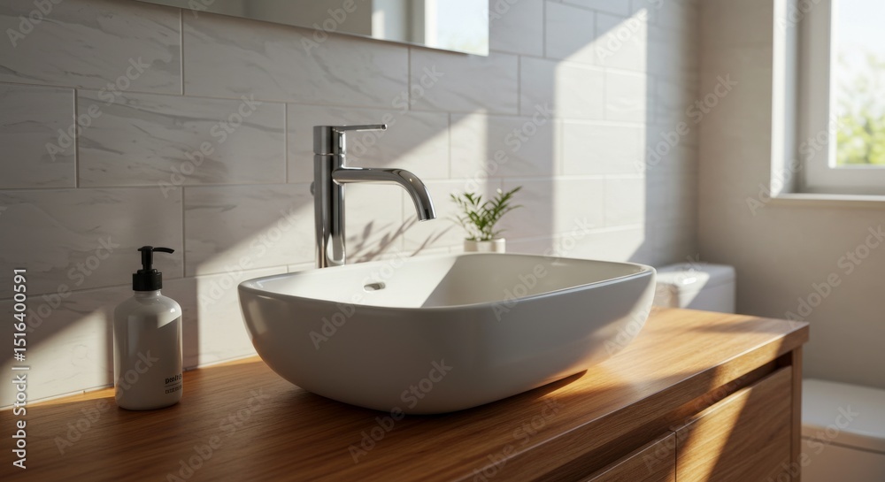 Fototapeta premium Modern bathroom sink with wooden countertop and natural light