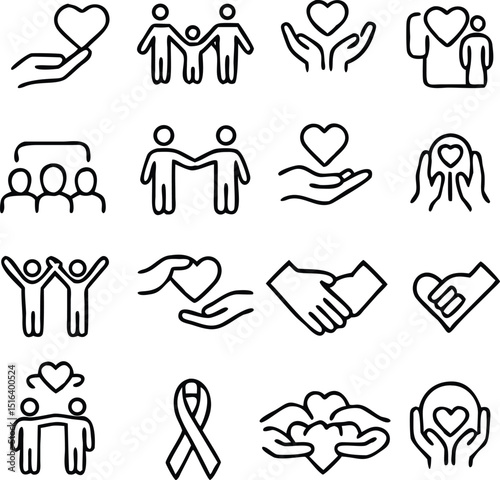 generous and sympathize icon set in thin line style, care, Friendship and love, Mutual understanding and handshake, responsibility, vector illustration