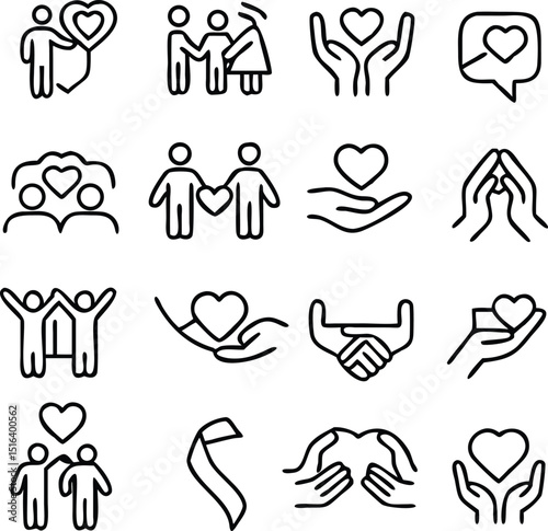 generous and sympathize icon set in thin line style, care, Friendship and love, Mutual understanding and handshake, responsibility, vector illustration