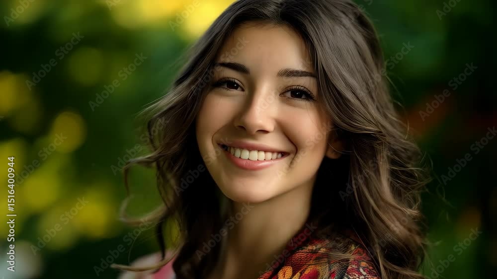 Smiling brunette woman with long wavy hair in nature looking at the camera, green foliage and artistic clothing in background.