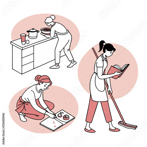 Homemaking  A Collection of Illustrations Depicting Everyday Household Chores and Activities