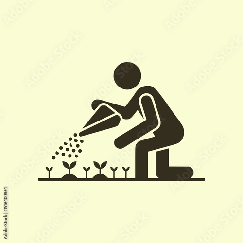 The icon vector design features a man pouring fertilizer on plant seedlings, depicting plant care, growth, and gardening activities in a simple and informative way.