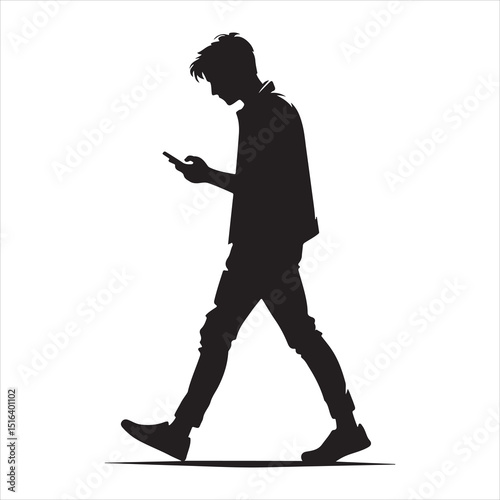 Man strolling on a city street, focused on his phone, relaxed body language, detailed vector silhouette , black colour vactor 