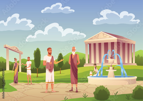 Ancient roman or greece people. Civilian population, male and female characters in tunics, cypresses trees, coliseum and amphitheater columns, temple