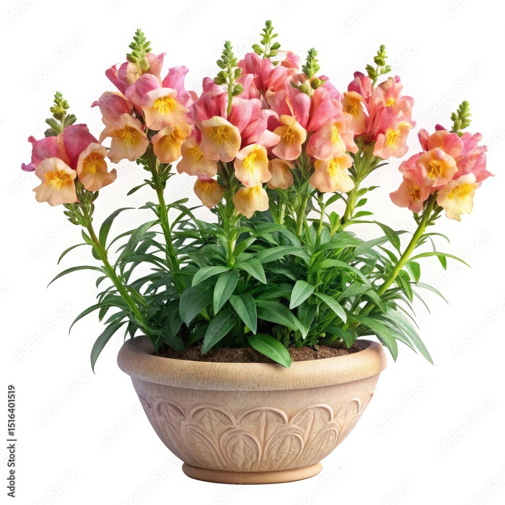 Peach and Yellow Snapdragons in an Ornate Pot Peach and Yellow Snapdragons in an Ornate Pot