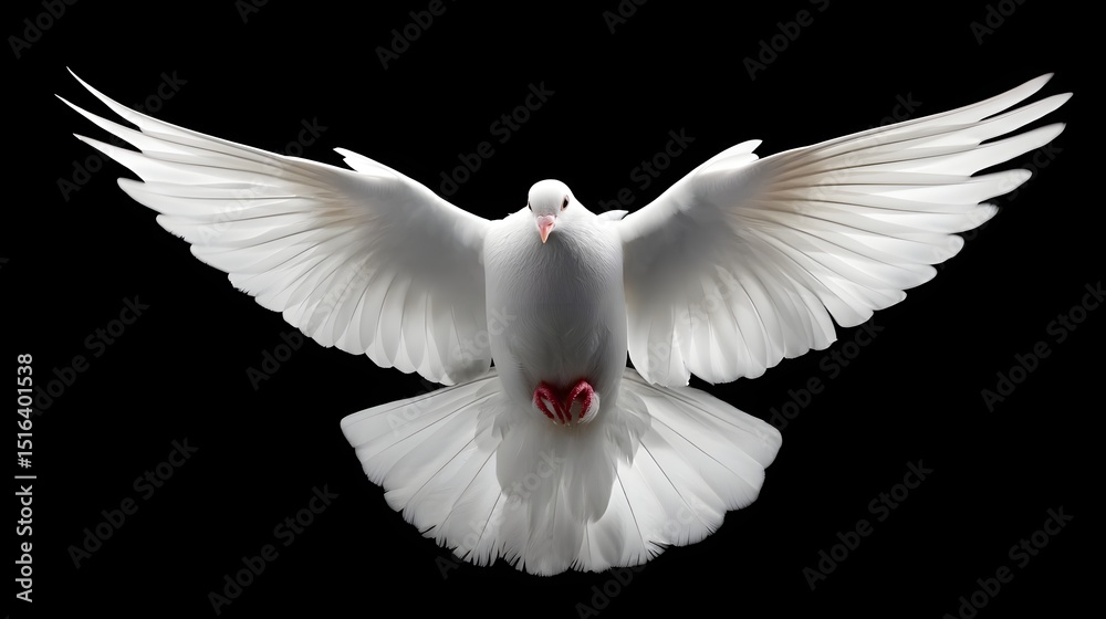 Obraz premium White dove in mid-flight, wings spread against a dark background