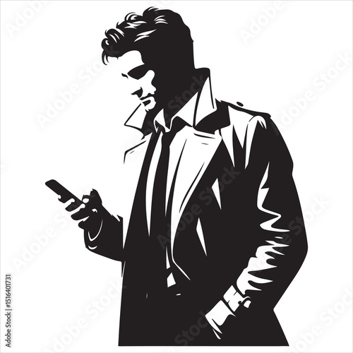 Man strolling on a city street, focused on his phone, relaxed body language, detailed vector silhouette , black colour vactor 