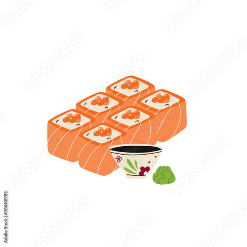 Sushi roll. Japanese seafood with salmon and caviar, traditional asian cuisine, wasabi and soy souse, delicious Japan dish. Vector cartoon flat style isolated on white background illustration