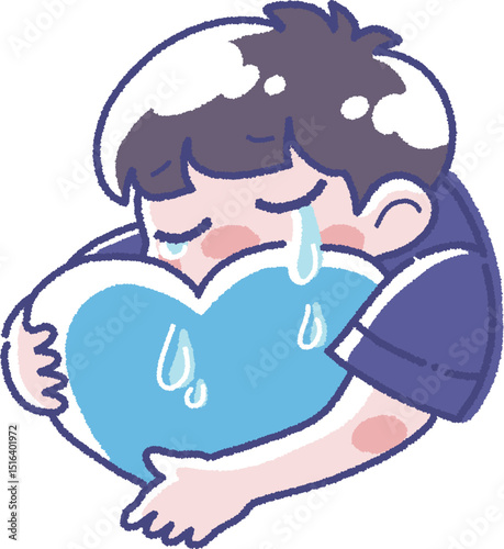 ハートを持った泣いている男の子のイラスト