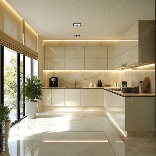 Modern, bright kitchen with large windows