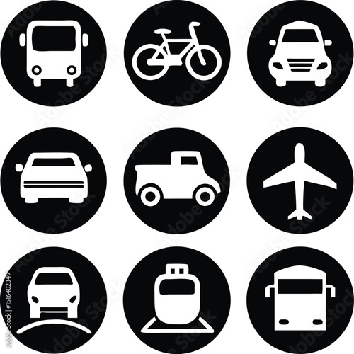 Transportation Icons Collection. Airplane, Public bus, Train, Ship/Ferry and auto signs. Shipping delivery symbol. White on a black background