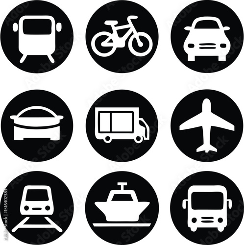 Transportation Icons Collection. Airplane, Public bus, Train, Ship/Ferry and auto signs. Shipping delivery symbol. White on a black background