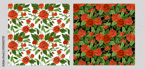Rose seamless pattern. Red flowers and green leaves. Decorative background, spring summer elegant elements. Textile, wrapping, wallpaper. Print for fabric. Vector cartoon flat isolated illustration