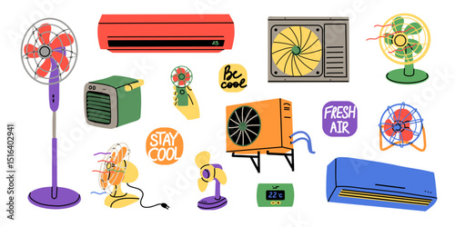 Electric fan and air conditioner. Ventilator rotating propeller, cool air control, climate control. Home appliance. Modern or vintage electrical equipment. Doodle drawing. Vector cartoon illustration