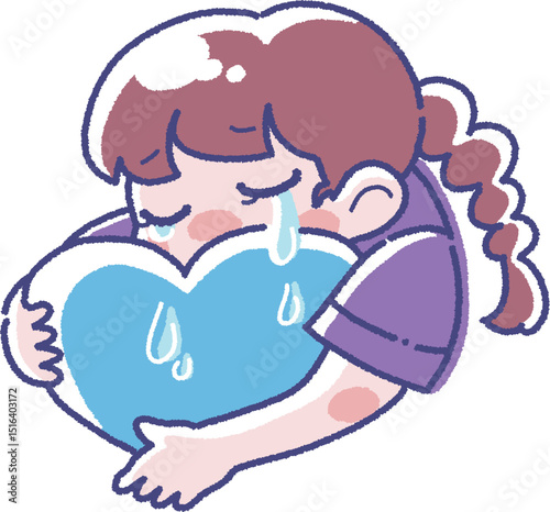 ハートを持った泣いている女の子のイラスト