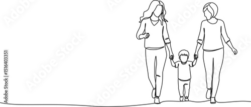 continuous single line drawing of two women walking hand in hand with a young child, line art vector illustration
