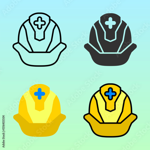 Safety helmets with medical cross in bold, flat and colored styles, symbolizing health workers' protection in hazardous fields, ideal for emergency service media.
