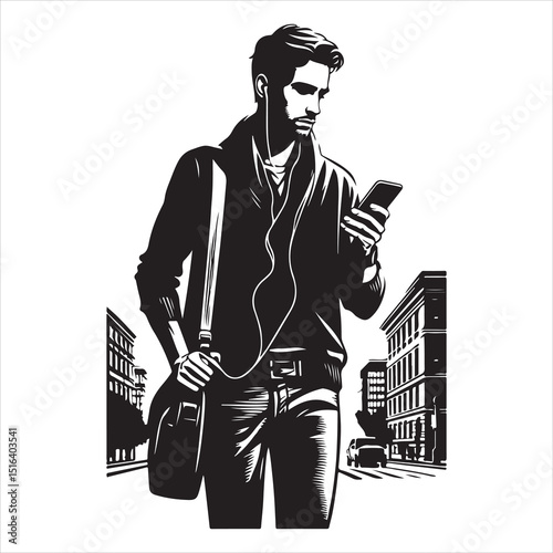 Man strolling on a city street, focused on his phone, relaxed body language, detailed vector silhouette , black colour vactor 