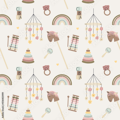Baby toys seamless pattern. Beige newborn wooden ecological accessories, train. Rainbow and cubes for toddler games. Textile, wrapping paper, wallpaper. Print for fabric. Vector background