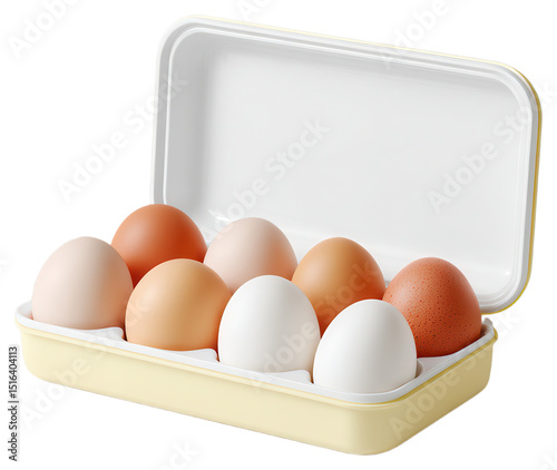 Organized container of fresh eggs isolated on white background for kitchen storage and food preparation.