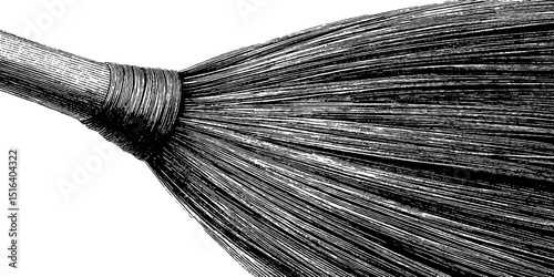 Detailed engraved illustration of broom in bold black lines for vintage decor