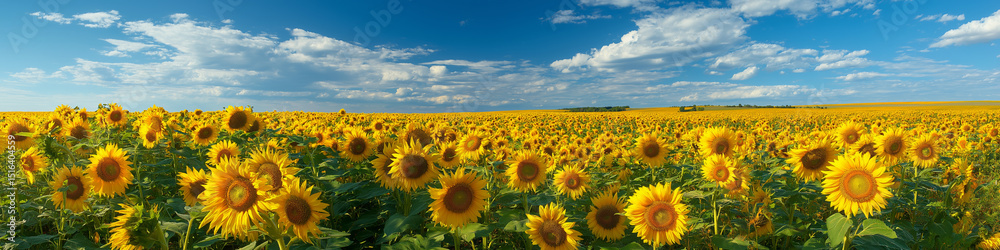 Fototapeta premium Sunflower field under a bright blue sky with fluffy clouds on a sunny day in late summer