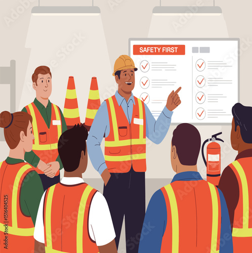 Construction foreman conducting a safety briefing and training session to a group of workers