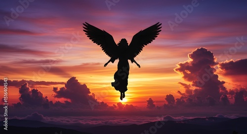 Fototapeta Naklejka Na Ścianę i Meble -  Silhouetted angel flying in a colorful sunset sky, dramatic clouds and glowing light