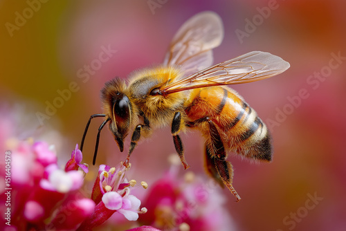 Close-up of a bee pollinating vibrant flowers in a garden during springtime