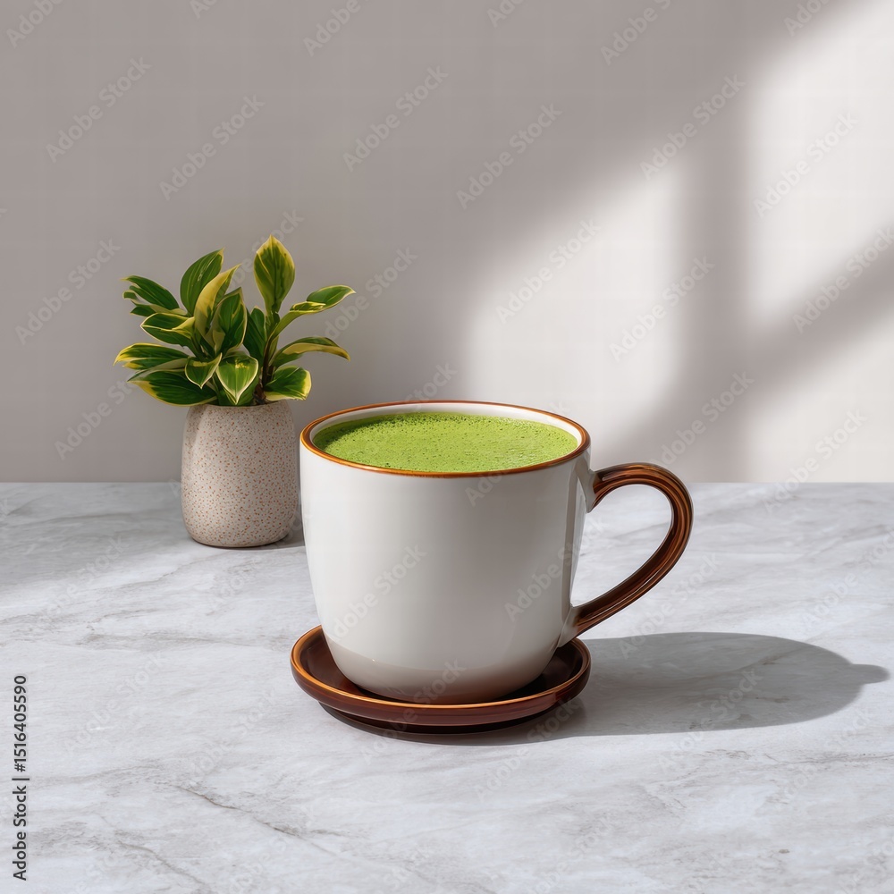 Matcha latte milk natural light concept. A cozy cup of matcha tea beside a small potted plant on a marble surface. Matcha latte milk natural light concept. A cozy cup of matcha tea beside a small potted plant on a marble surface.