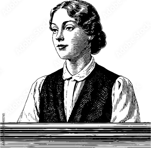 Vintage engraved portrait of cash desk clerk woman in black and white for historical design