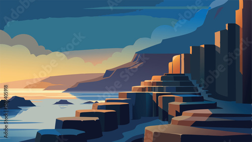 Illustration of coastal landscape with cliffs and ocean view