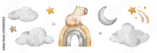 Set of Capybaras sleep on rainbow among clouds, and stars. Collection hand drawn watercolor kids illustrations. Clip art of dreamy guinea pig for baby posters, baby shower card, clothes, pajamas