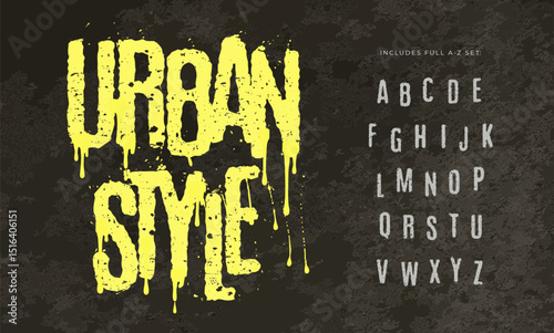 Graffiti brush alphabet, dripping ink letters, textured urban font for rebellious branding, bold headline style, freestyle street typography, hiphop graphic design and logo. Vector typeset