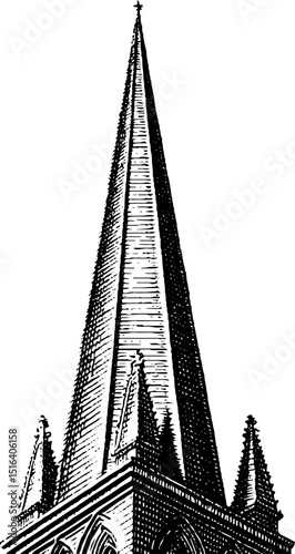 Intricate engraving of cathedral spire with gothic architecture elements