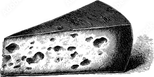 Engraved black and white illustration of cheese wedge for culinary design