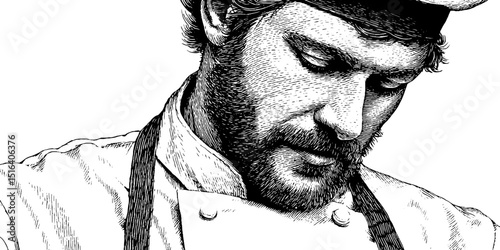Engraved illustration of chef in bold black lines for culinary art design